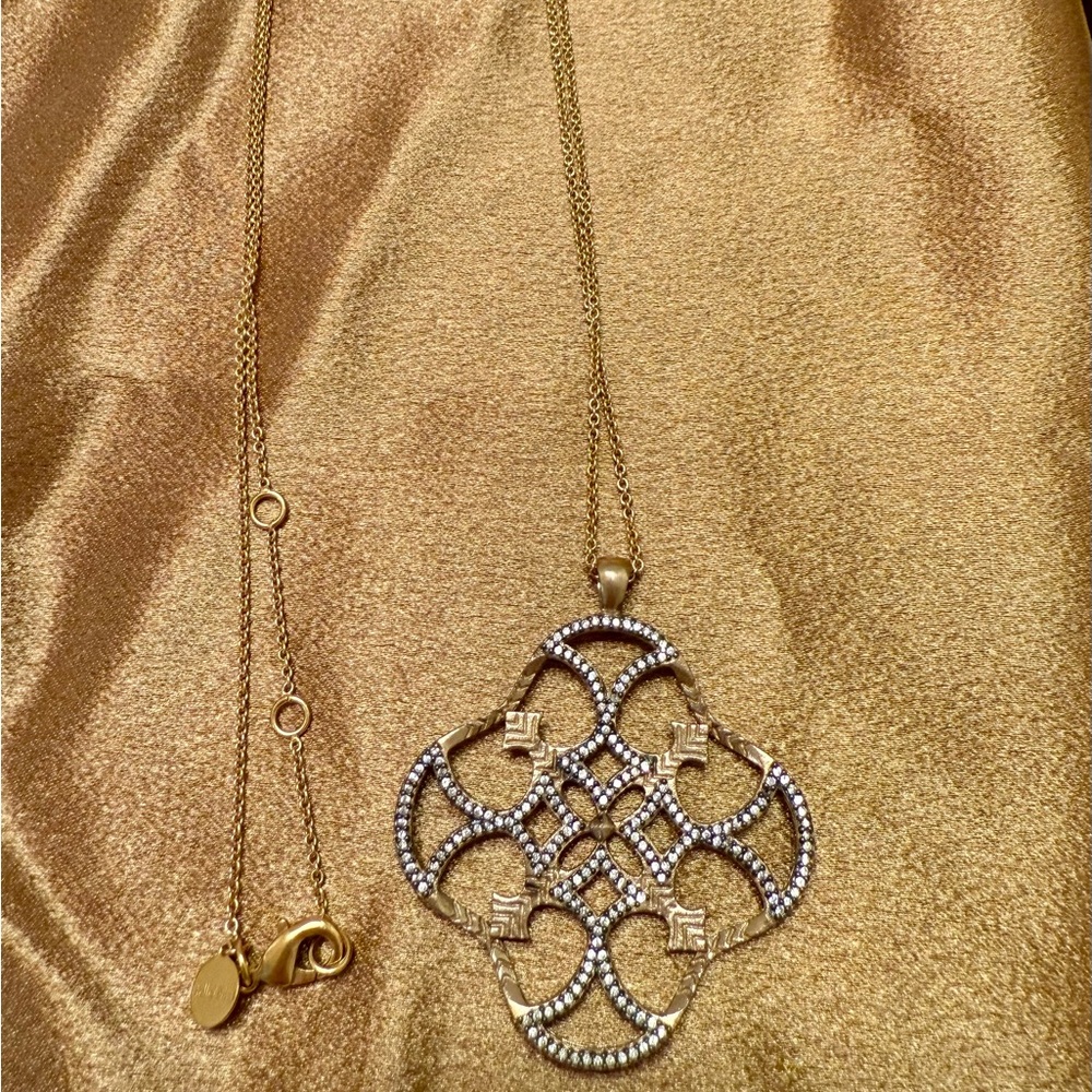 Stella & Dot long Gold and Silver Quatrefoil Necklace